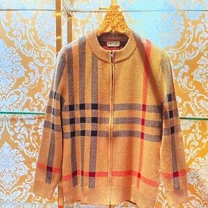 Burberry Tan and Red Checkered Zip Cardigan